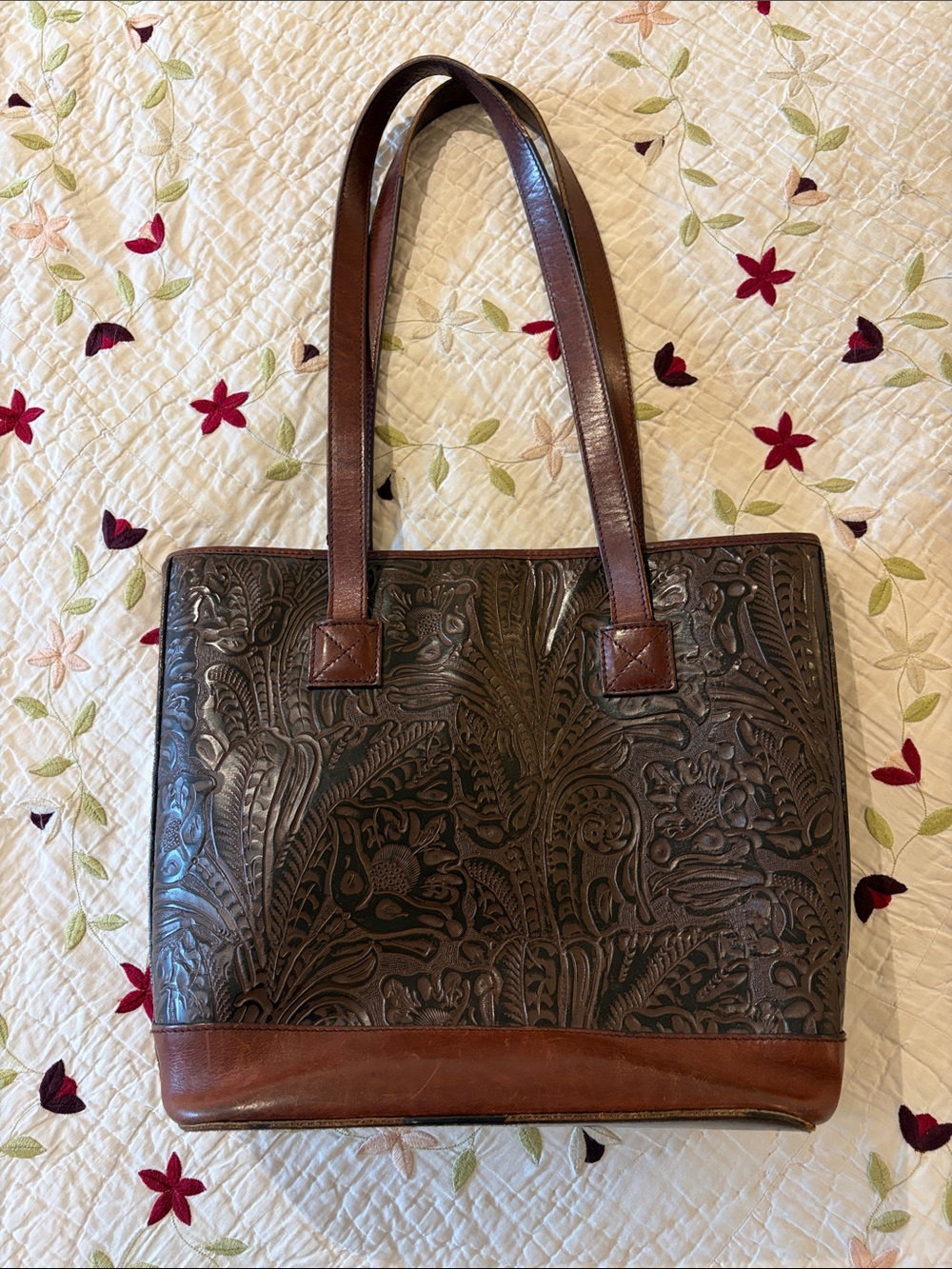Ellington Dark Brown leather Embossed Floral Leather Tote